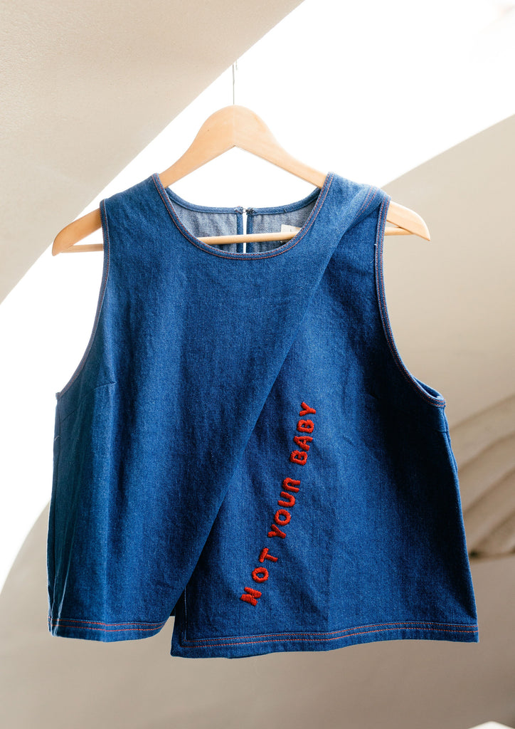 Not Your Cherry Baby Tank Top. Hand-Embroidered by Guatemalan Artisans. Denim Tank Top. Fair Wages for All.  Fair Trade Fashion. Ethically-Made