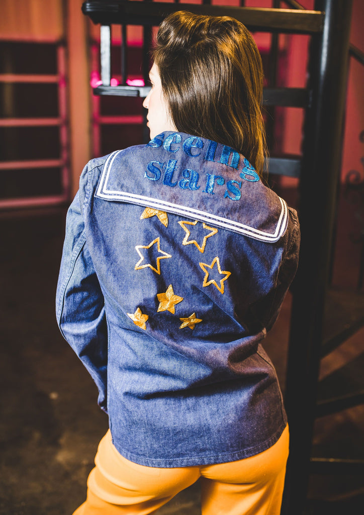Seeing Stars Blouse. Hand-Embroidered by Guatemalan Artisans. Denim Blouse. Fair Wages for All.  Fair Trade Fashion. Ethically-Made. 