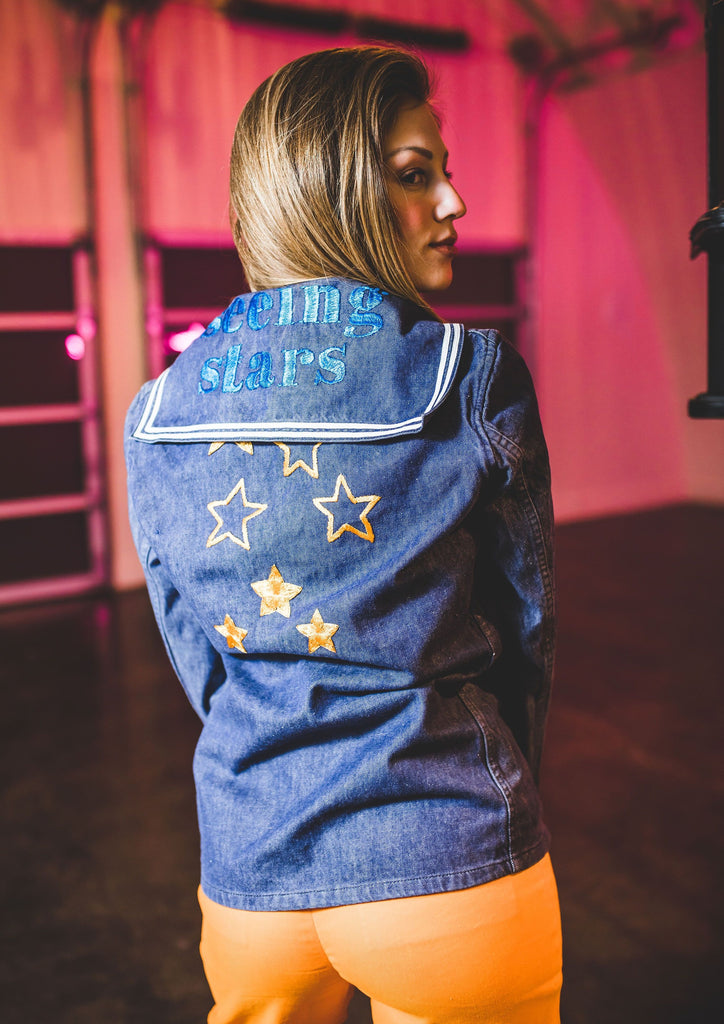 Seeing Stars Blouse. Hand-Embroidered by Guatemalan Artisans. Denim Blouse. Fair Wages for All.  Fair Trade Fashion. Ethically-Made. 