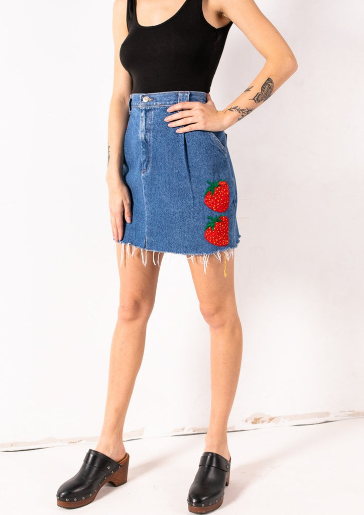 Raw Hem Denim Skirt for Women with Embroidered Strawberries.